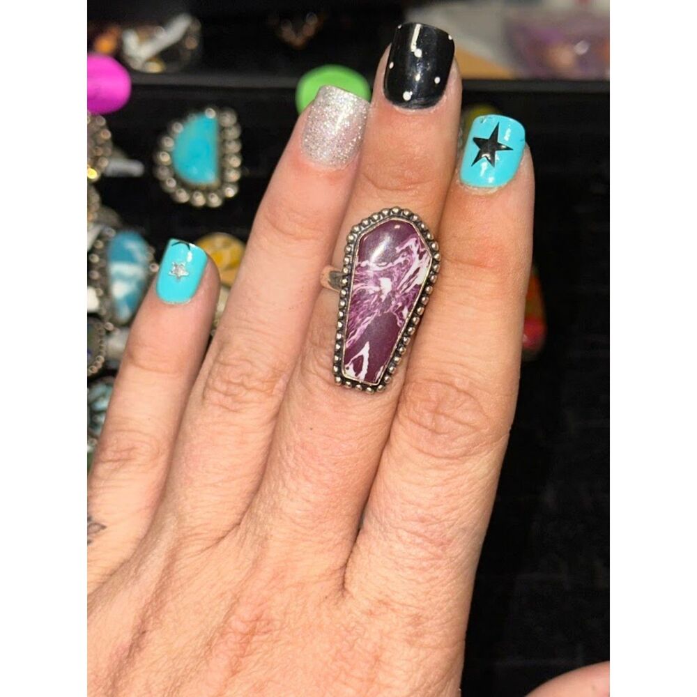 Purple Dahlia Coffin Sterling Silver Overlay Ring Size 6